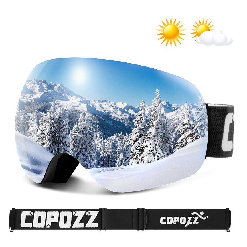 polarised ski goggles Anti-UV Anti-FOG Spherical Frameless Double-Layer Lens Polarized Ski Goggles, Black Frame Silver Lens (Vlt 18.4%)