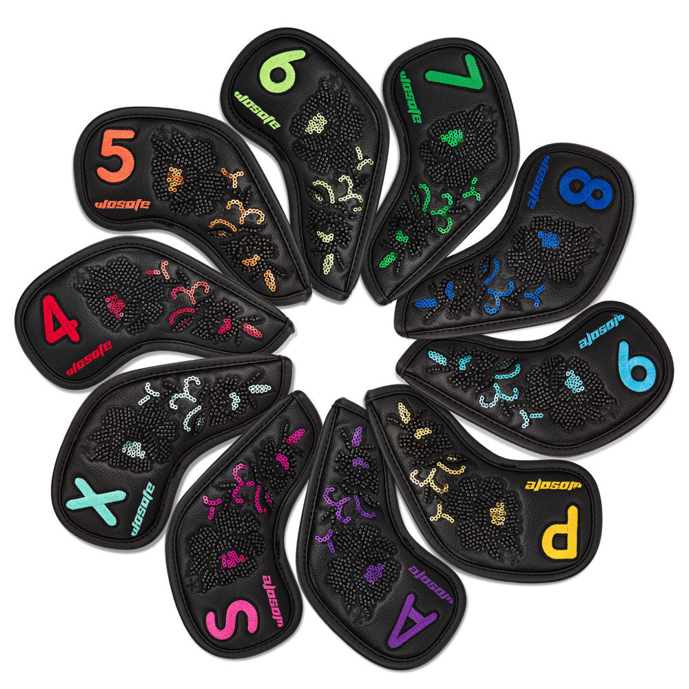 Lesmart 10pcs Black Leather Embroidered Golf Iron Head Covers