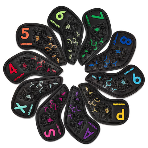 Lesmart 10pcs Black Leather Embroidered Golf Iron Head Covers