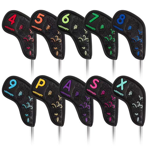 Lesmart 10pcs Black Leather Embroidered Golf Iron Head Covers