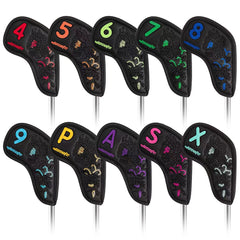 Lesmart 10pcs Black Leather Embroideried Golf Iron Head Covers