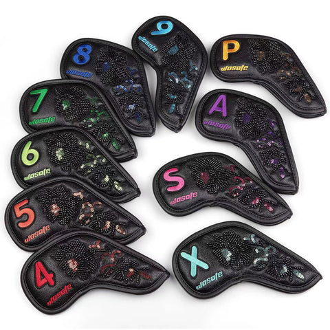 Lesmart 10pcs Black Leather Embroidered Golf Iron Head Covers