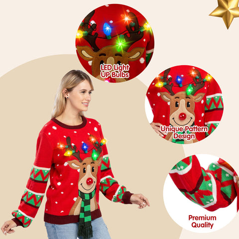 Lesmart LED Reindeer Light Up Ugly Christmas Sweaters