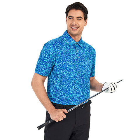 Lesmart Men's Blue Ripple Moisture Wicking Golf Polo Shirt