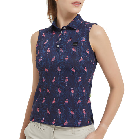 Lesmart Women's Flamingo Garnish Athletic Fit Sleeveless Polo