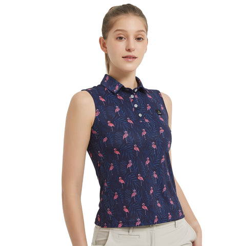 Lesmart Women's Flamingo Garnish Athletic Fit Sleeveless Polo
