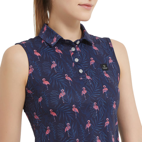 Lesmart Women's Flamingo Garnish Athletic Fit Sleeveless Polo