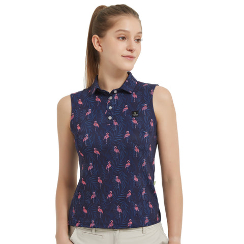 Lesmart Women's Flamingo Garnish Athletic Fit Sleeveless Polo
