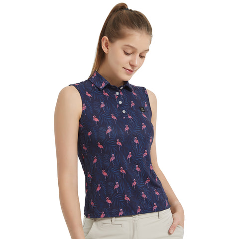 Lesmart Women's Flamingo Garnish Athletic Fit Sleeveless Polo