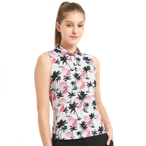 Lesmart Women's Flamingo&Coconut Tree Athletic Fit Sleeveless Polo