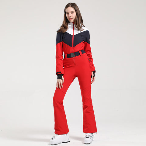 Lesmart Women's Retro Belted Color-Blocked Flare Ski Suit