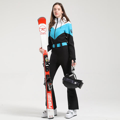 Lesmart Women's Retro Belted Color-Blocked Flare Ski Suit