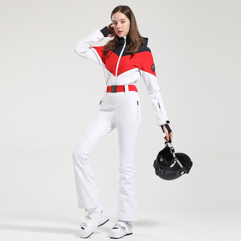 Lesmart Women's Retro Belted Color-Blocked Flare Ski Suit