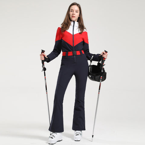 Lesmart Women's Retro Belted Color-Blocked Flare Ski Suit