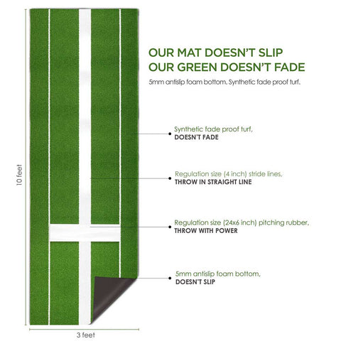 Lesmart Softball and Baseball Pitching Mat 10' X 3' Green