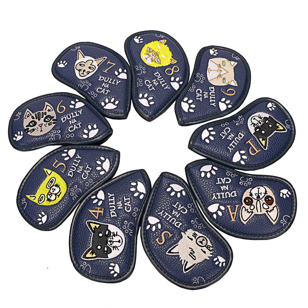 Lesmart 9pcs Synthetic Leather Golf Iron Cat Headcovers Set