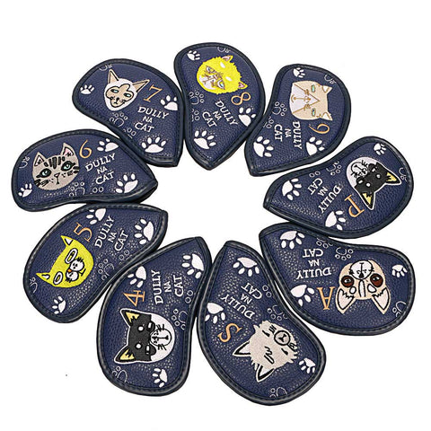Lesmart 9pcs Synthetic Leather Golf Iron Cat Headcovers Set