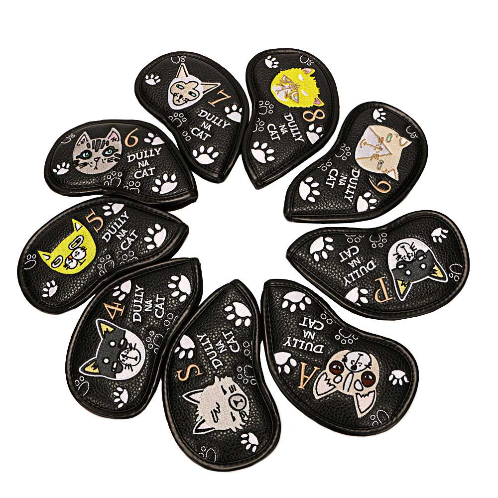 Lesmart 9pcs Synthetic Leather Golf Iron Cat Headcovers Set