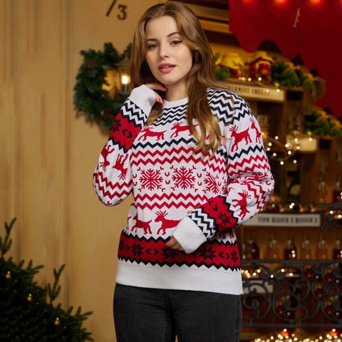 Lesmart Christmas Reindeer Snowflakes Ugly Holiday Knitted Sweater