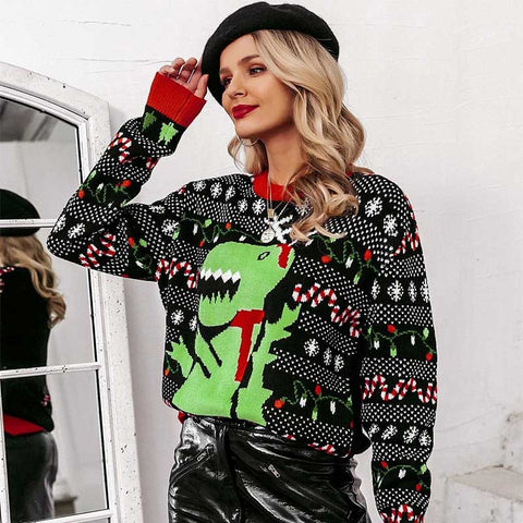 Lesmart Dinosaur Print Ugly Christmas Sweater
