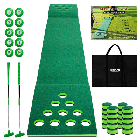 Lesmart Golf Beer Pong Game Green, Includes 2 Green Putters, 10 Golf Balls