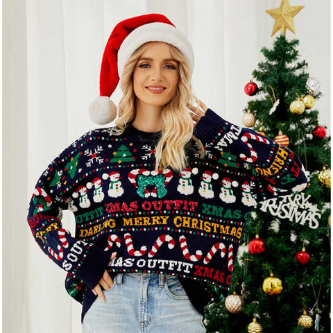 Lesmart Women's Snow Man Graphic Knitted Christmas Sweater