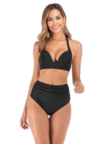 Lesmart Women's Two Piece Vintage Halter Ruched High Waist Bikini