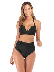 Lesmart Women's Two Piece Vintage Halter Ruched High Waist Bikini