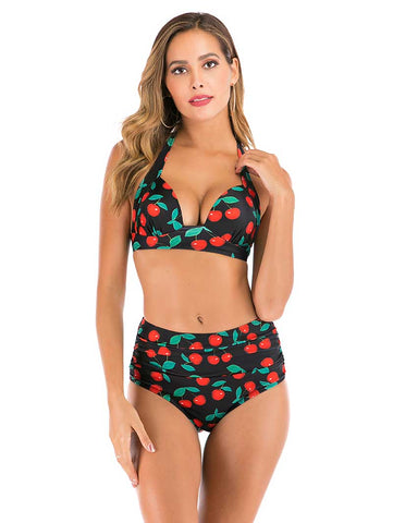 Lesmart Women's Two Piece Vintage Halter Ruched High Waist Bikini