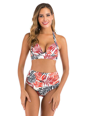 Lesmart Women's Two Piece Vintage Halter Ruched High Waist Bikini