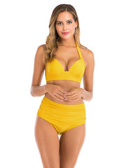 Lesmart Women's Two Piece Vintage Halter Ruched High Waist Bikini