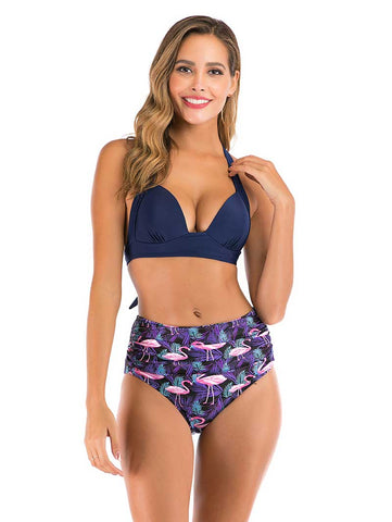 Lesmart Women's Two Piece Vintage Halter Ruched High Waist Bikini