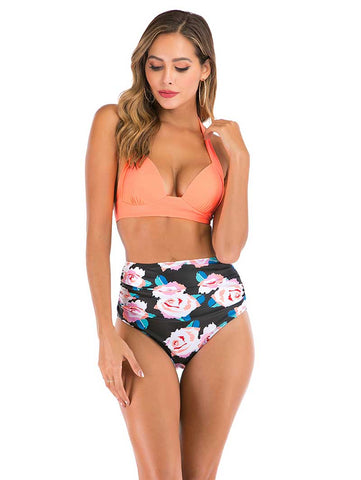 Lesmart Women's Two Piece Vintage Halter Ruched High Waist Bikini