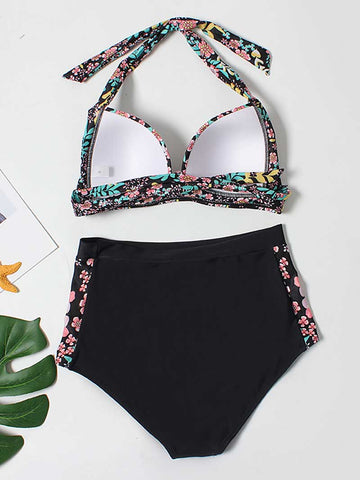 Lesmart Women's Two Piece Vintage Halter Ruched High Waist Bikini