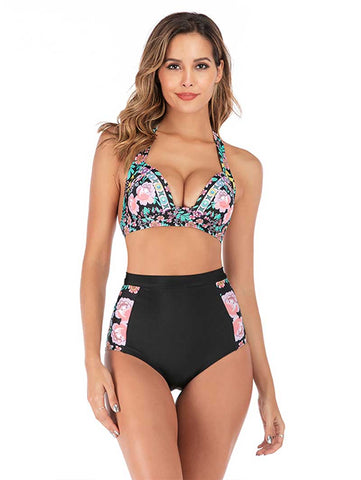 Lesmart Women's Two Piece Vintage Halter Ruched High Waist Bikini
