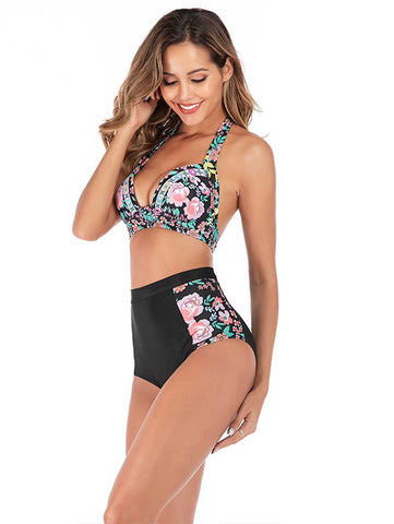 Lesmart Women's Two Piece Vintage Halter Ruched High Waist Bikini