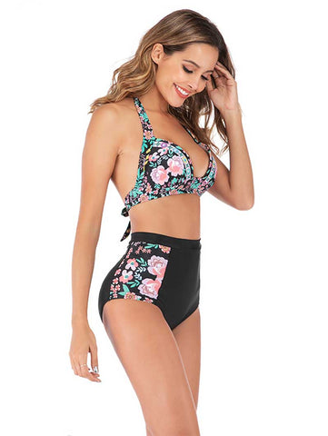 Lesmart Women's Two Piece Vintage Halter Ruched High Waist Bikini