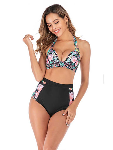 Lesmart Women's Two Piece Vintage Halter Ruched High Waist Bikini