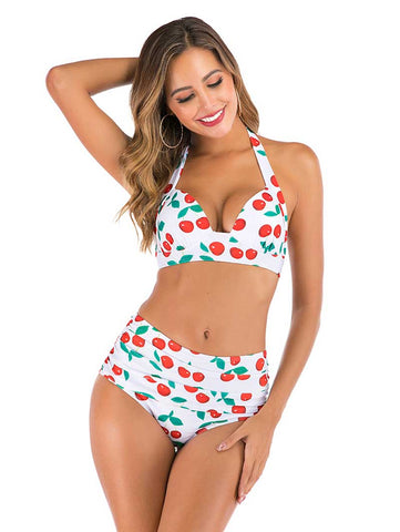 Lesmart Women's Two Piece Vintage Halter Ruched High Waist Bikini