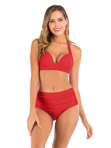 Lesmart Women's Two Piece Vintage Halter Ruched High Waist Bikini