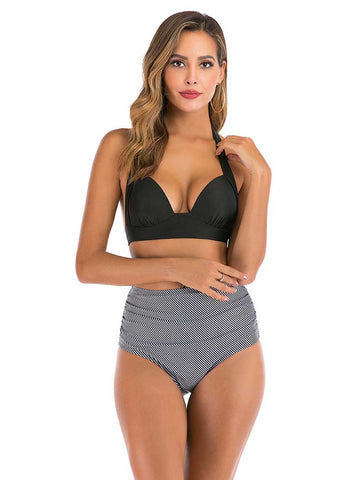 Lesmart Women's Two Piece Vintage Halter Ruched High Waist Bikini
