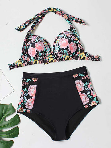 Lesmart Women's Two Piece Vintage Halter Ruched High Waist Bikini