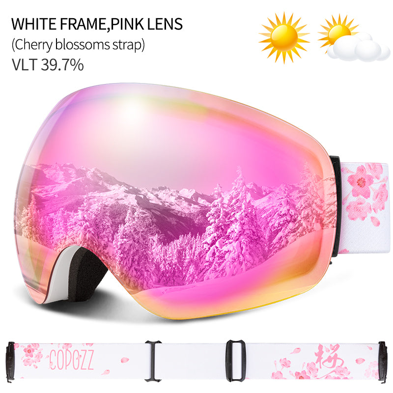 pink lens ski goggles Anti-UV Anti-FOG Spherical Frameless Double-Layer Lens Polarized Ski Goggles, White Frame Pink Lens (VLT 39.7%)