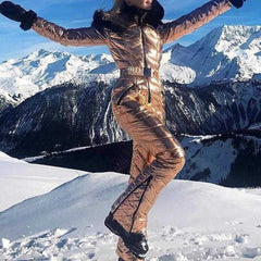 Women's Fashion Fur Collar One Piece Ski Suit