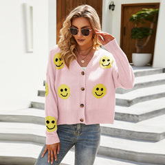 Lesmart Women's Loose-Fit Smile Face Knitted Cardigan Sweater