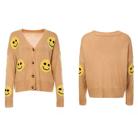 Lesmart Women's Loose-Fit Smile Face Knitted Cardigan Sweater