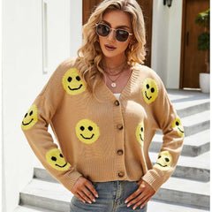 Lesmart Women's Loose-Fit Smile Face Knitted Cardigan Sweater