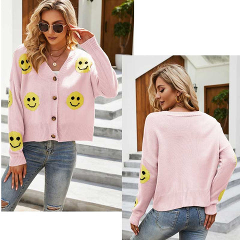 Lesmart Women's Loose-Fit Smile Face Knitted Cardigan Sweater